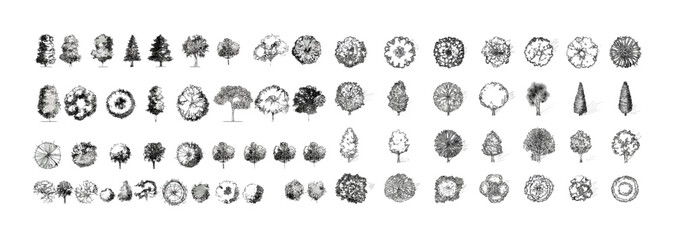 Tree top view line art vector illustration set, hand drawn tree shapes for urban planning, landscape architecture, garden layout, blueprint elements, mapping, park design.
