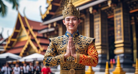 Young man performing wai greeting in ornate costume Thailand culture concept