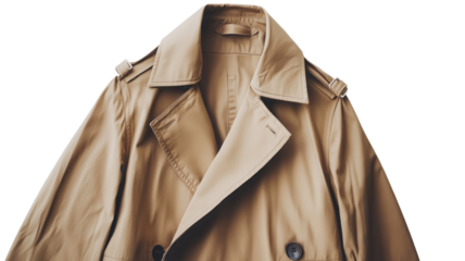 A tan trench coat is displayed flat, highlighting its elegant design, buttons, and collar in a minimal style