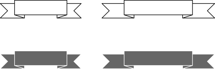 Decorative Folded Black and White Short and Long Ribbon Banner Symbol Icon Set with Empty Space for Text. Vector Image.