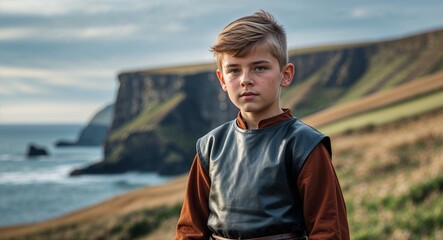 Young Viking boy in leather tunic by coastal cliff Viking culture concept