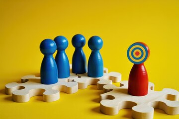Wooden figures on puzzle pieces, highlighting a target.
