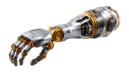 Robotic arm with metallic joints in motion, futuristic industrial design