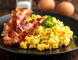 A delicious breakfast plate featuring fluffy scrambled eggs garnished with parsley and served alongside crispy bacon strips, placed on a dark plate with whole eggs in the background.