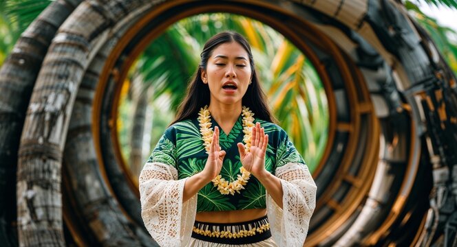 Young woman performing chant in traditional attire near palm trunk arch Hawaiian culture concept