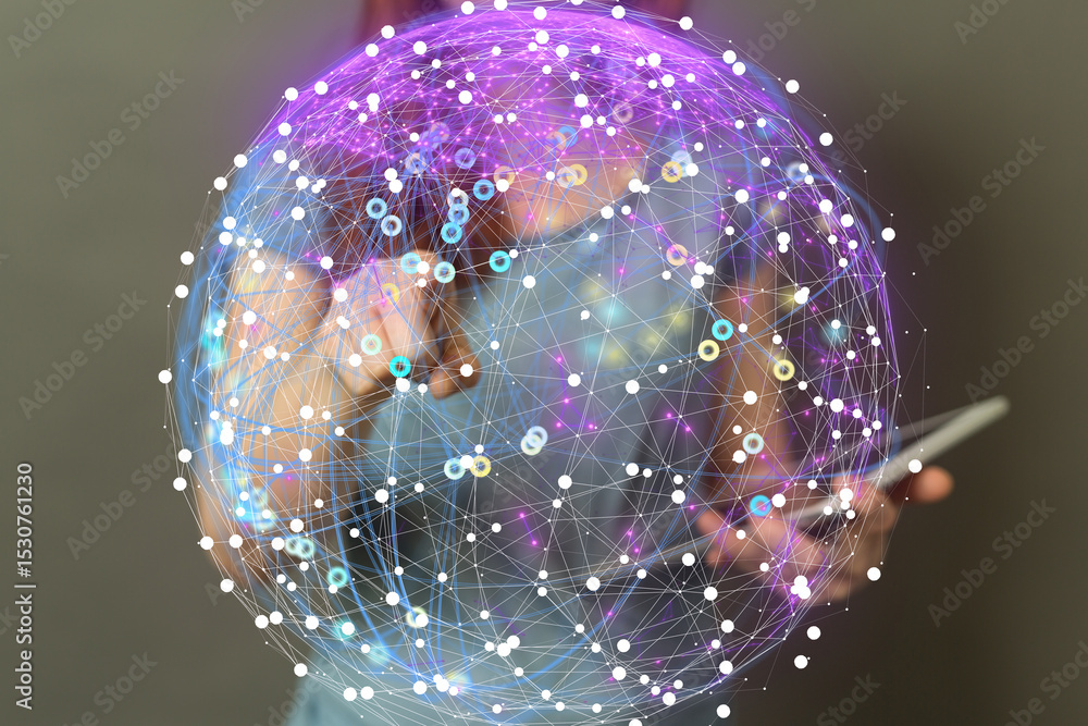 Poster person using a tablet, interacting with a digital sphere representing global connections and data.
