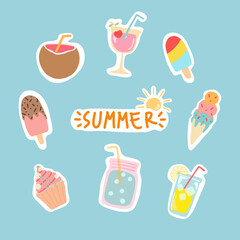 Summer cute vector icon set for sticker. Icons, signs and banners. Bright summer poster. Collection of elements for summer holiday. Vector icon set.