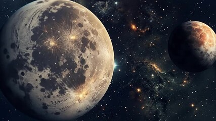 Lunar surface with craters and celestial bodies in deep space showing cosmic exploration and astronomical research of moon and planets