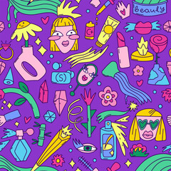 Hand-drawn seamless pattern in a bright, psychedelic naive doodle style. Artistic and surreal, this vibrant design features whimsical beauty and self-care elements like cosmetic bottles, shampoo, crea