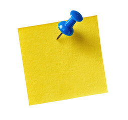 Yellow sticky note with blue push pin on transparent background