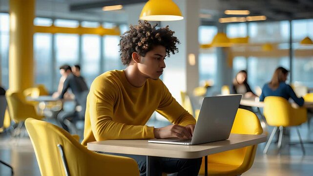 Young man working on laptop in modern cafeteria with yellow chairs and warm lighting, surrounded by people in relaxed social environment

