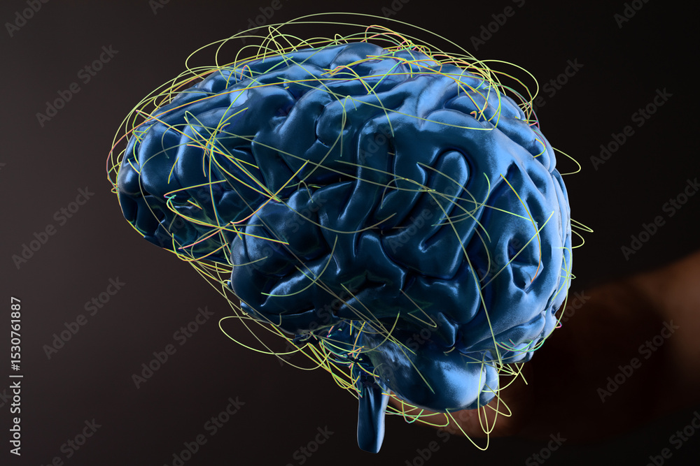 Poster 3D rendering of a human brain with glowing neural pathways.  Concept for AI, neuroscience, or intelligence.