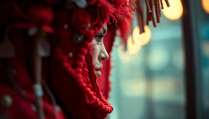Street portrait of a young woman in a red hood