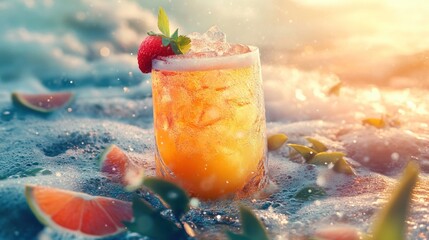 Refreshing drink on beach at sunset