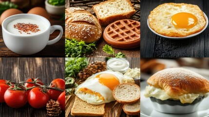 A breakfast spread featuring coffee, eggs, bread, waffles, and tomatoes on a wooden table. The scene showcases a variety of food items for a hearty meal. collage
