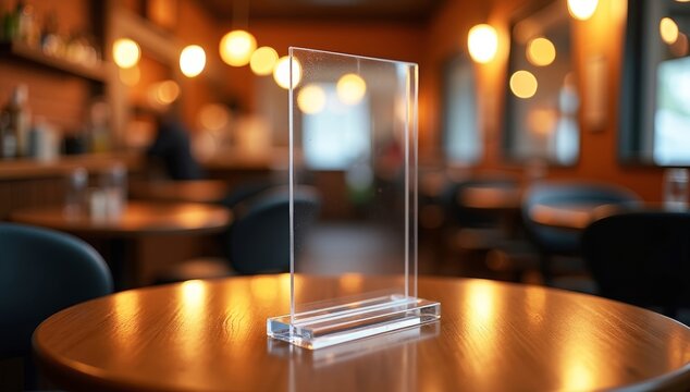 Mock-up of a blank menu label frame on a bar restaurant table, acrylic tent card stand with white sheets, blurred cafeteria background
