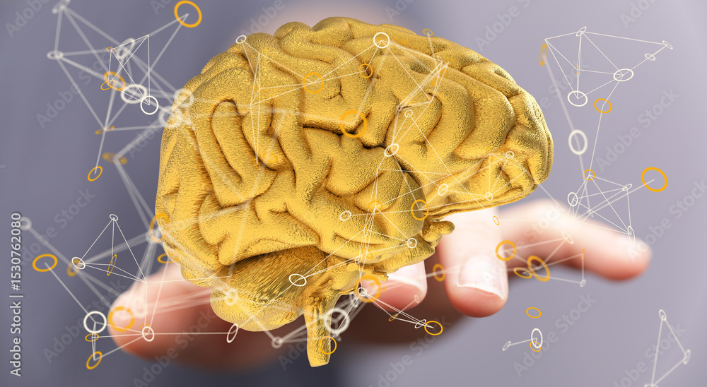 Aufkleber 3d render of a golden brain, representing intelligence, neural networks, and connections.