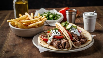 two greek gyros with shaved lamb and french fries.