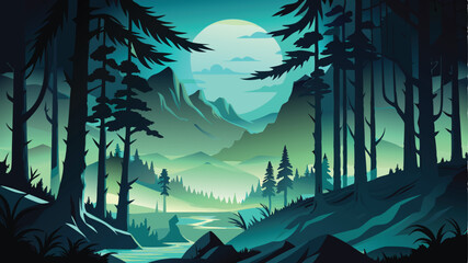 night forest landscape, illustration, vector art