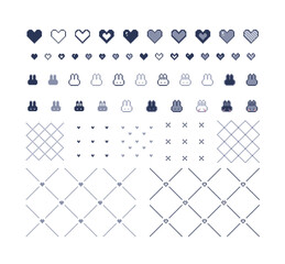 ドット絵のかわいいハートとウサギの装飾イラストセット　ガーリー　モノトーン　ピクセル