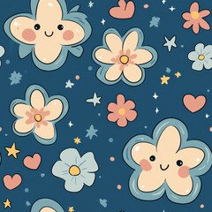 Kawaii-style flowers with big petals and blushing cheeks, scattered with hearts, stars, and swirls in a romantic floral pattern
