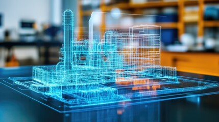A 3D holographic model of a modern industrial building displayed on a table in a laboratory. The structure features intricate details and glowing lines.