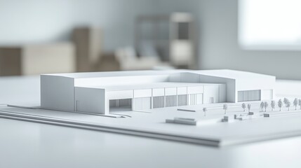 A detailed architectural model of a modern building. The model features clean lines and a minimalist design, set on a white surface with a blurred background.