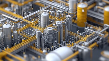 Industrial facility with complex piping and storage tanks. Metallic structures and yellow pipelines create a detailed network. Focus on manufacturing and engineering.