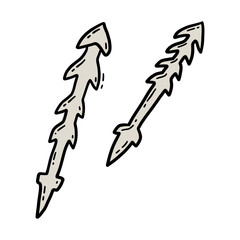 Vector linear hand drawn icon of two primitive barbed spears in doodle style.