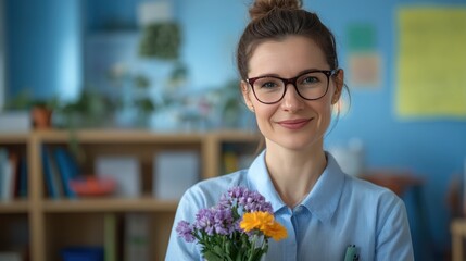 A young Caucasian woman with brown hair in a bun, wearing glasses, smiles while holding a bouquet of colorful flowers in a bright indoor setting.