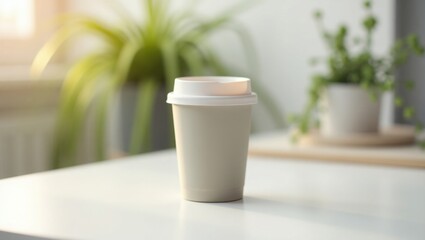 Eco-Friendly Coffee Cup on White Table Near Plants Sustainable Lifestyle Image