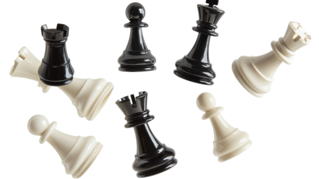 Black and white chess pieces are scattered on a table, hinting at a game in progress this afternoon