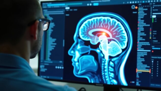 Medical X-ray images of the human brain and hand demonstrate the future of digital health communication and global data network development for medical science