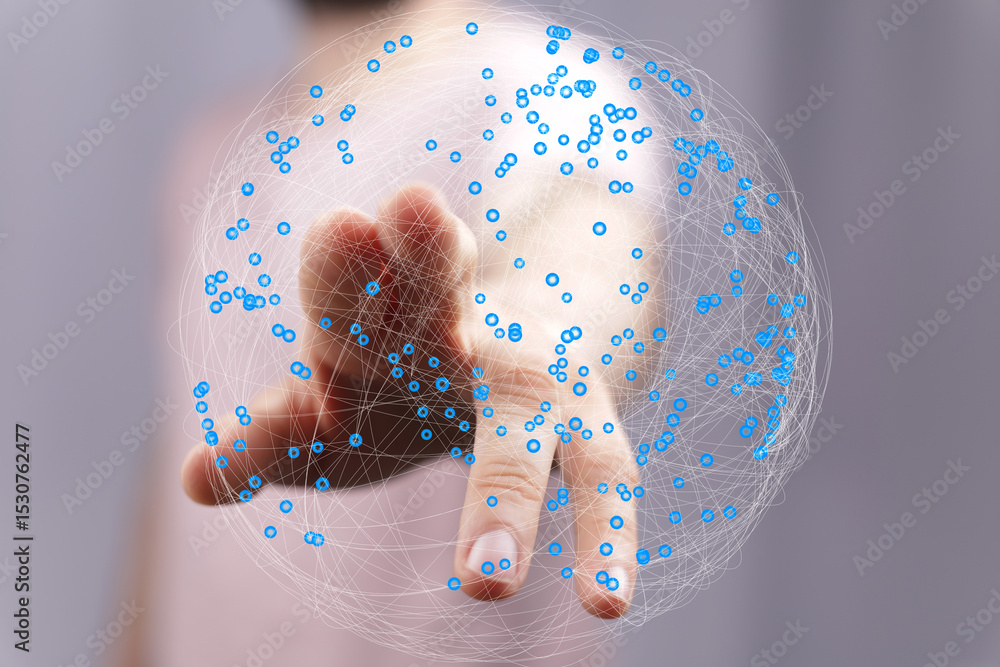 Aufkleber Abstract image of a hand interacting with a digital sphere representing global network connections and data visualization.