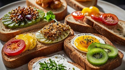 Variety of bread toast with toppings for breakfast.