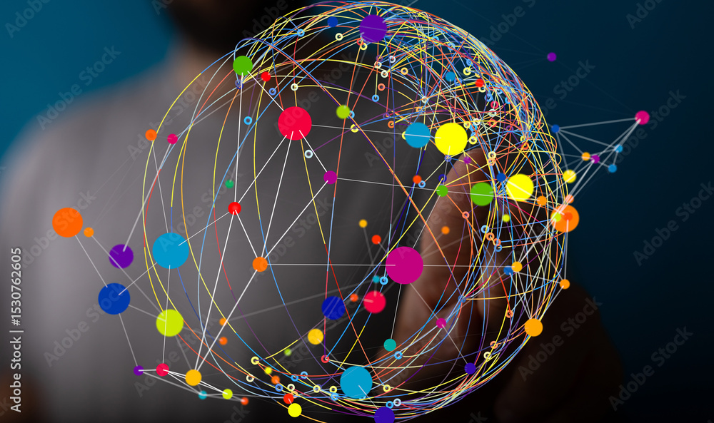 Fototapete Abstract image of a global network with colorful nodes and lines, representing connections and data flow.