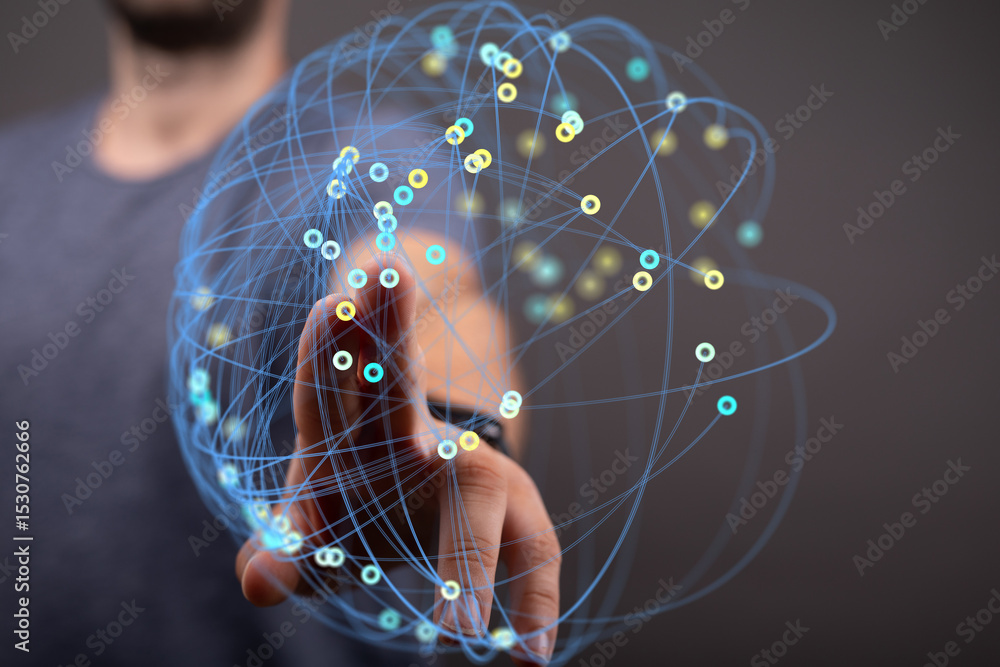 Aufkleber Hand interacting with a digital network, representing global connection and data interaction.