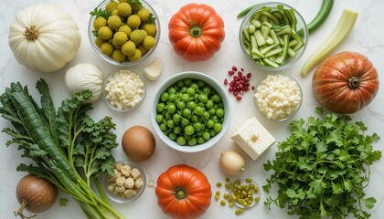 Various fresh vegetables ingredients for salad on a white table.