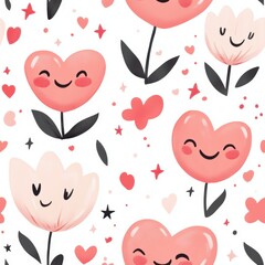 Adorable roses and tulips with blushing cheeks, surrounded by tiny hearts and stars, in a cute romantic floral design