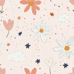Playful daisies and tulips in soft pastel colors, surrounded by stars, hearts, and tiny clouds on a light pink background