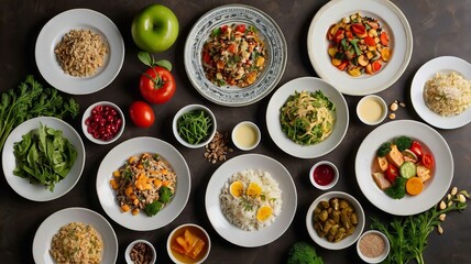 Various plates of healthy food.