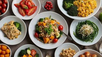 Various plates of healthy food.