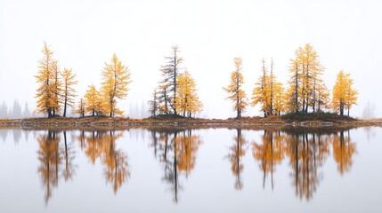 On a hazy autumn morning, larch trees stand on calm waters, orange and yellow hues contrasting with the white sky, creating a tranquil natural beauty.