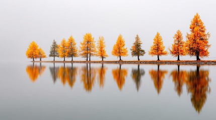 On a hazy autumn morning, larch trees stand on calm waters, orange and yellow hues contrasting with the white sky, creating a tranquil natural beauty.