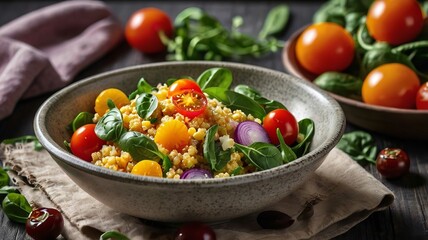 Vegetable Millet salad with red onion, cherry tomatoes and spinach.