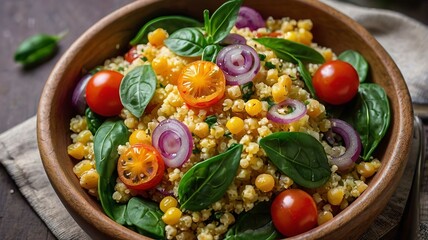 Vegetable Millet salad with red onion, cherry tomatoes and spinach.