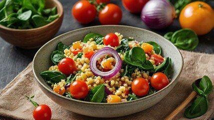 Vegetable Millet salad with red onion, cherry tomatoes and spinach.