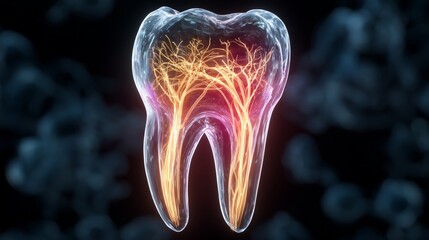 Tooth with illuminated roots showcasing dental structure and nerve connections in a microcosm of oral health