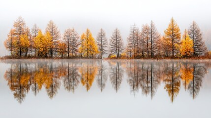 On a hazy autumn morning, larch trees stand on calm waters, orange and yellow hues contrasting with the white sky, creating a tranquil natural beauty.