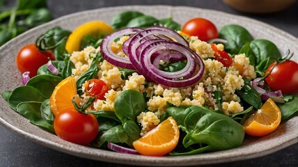 Vegetable Millet salad with red onion, cherry tomatoes and spinach.